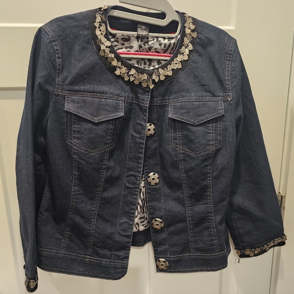 Focus 2000 Embellished Denim Jacket Sz 10 Statement Jean Jacket with Metal Trim